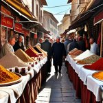 ** A bustling Turkish bazaar scene, overflowing with colorful spices, carpets, and traditional crafts. Include vendors in traditional clothing and shoppers haggling for prices, all under warm sunlight.

2.  **Prompt for