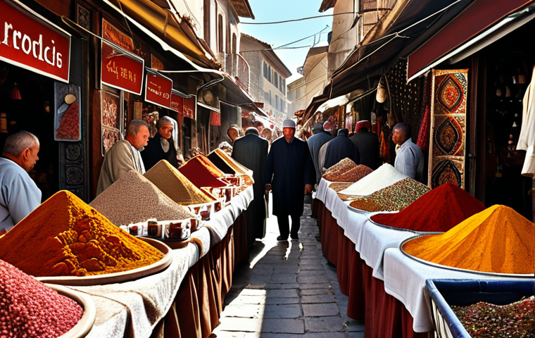 ** A bustling Turkish bazaar scene, overflowing with colorful spices, carpets, and traditional crafts. Include vendors in traditional clothing and shoppers haggling for prices, all under warm sunlight.

2.  **Prompt for