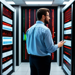 A male IT professional, wearing a modest business shirt and slacks, stands in a modern, organized server room. He is looking at a wall-sized holographic display showing interconnected data pathways. Some of the pathways on the display are glowing red and appear visually congested, symbolizing a database bottleneck. The professional has a focused, problem-solving expression. The environment is clean and high-tech. High-resolution, professional photography, cinematic lighting, perfect anatomy, correct proportions, natural pose, well-formed hands, proper finger count, natural body proportions, fully clothed, appropriate attire, modest clothing, safe for work, appropriate content, professional.