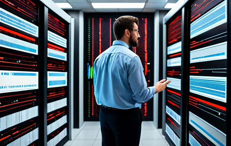 A male IT professional, wearing a modest business shirt and slacks, stands in a modern, organized server room. He is looking at a wall-sized holographic display showing interconnected data pathways. Some of the pathways on the display are glowing red and appear visually congested, symbolizing a database bottleneck. The professional has a focused, problem-solving expression. The environment is clean and high-tech. High-resolution, professional photography, cinematic lighting, perfect anatomy, correct proportions, natural pose, well-formed hands, proper finger count, natural body proportions, fully clothed, appropriate attire, modest clothing, safe for work, appropriate content, professional.