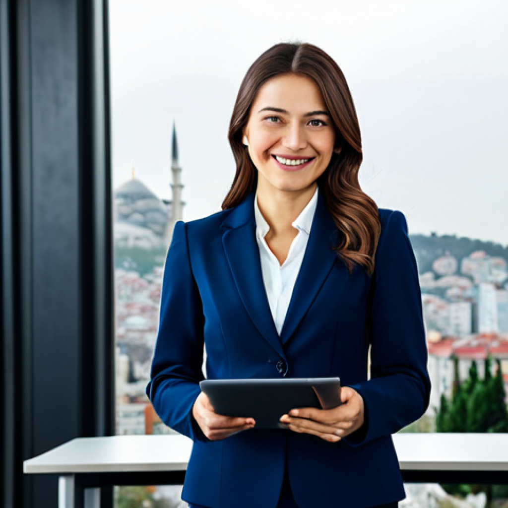 **
A professional businesswoman in a modest, dark blue business suit, standing in a modern office with large windows overlooking Istanbul. She is holding a tablet and smiling confidently. Fully clothed, appropriate attire, safe for work, perfect anatomy, natural proportions, professional photography, high quality.
**