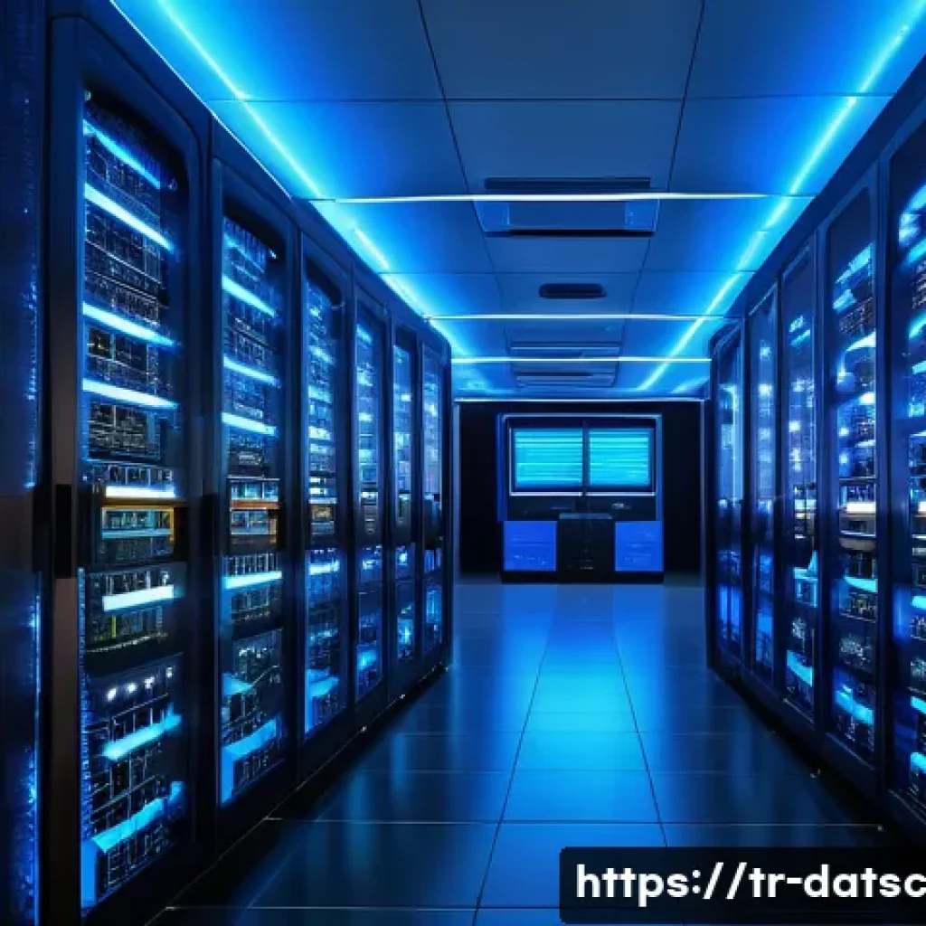 대용량 데이터베이스에서의 성능 최적화 - A highly detailed data center interior showcasing advanced hardware resource management for big data...