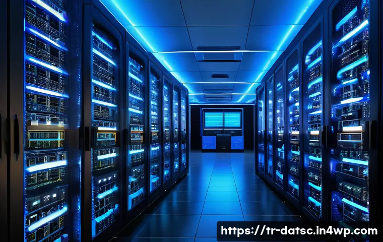 대용량 데이터베이스에서의 성능 최적화 - A highly detailed data center interior showcasing advanced hardware resource management for big data...