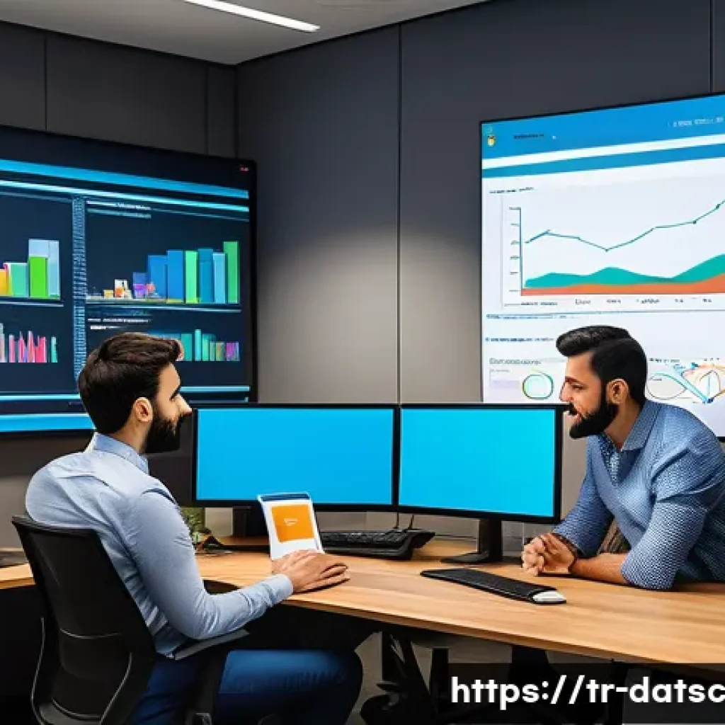 비즈니스 요건에 맞춘 데이터베이스 아키텍처 최적화 - A modern Turkish office environment showing a diverse team of IT professionals collaborating on data...
