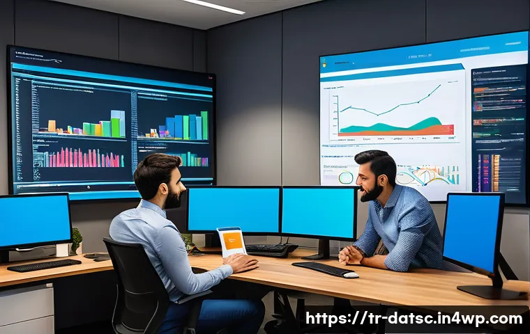 비즈니스 요건에 맞춘 데이터베이스 아키텍처 최적화 - A modern Turkish office environment showing a diverse team of IT professionals collaborating on data...